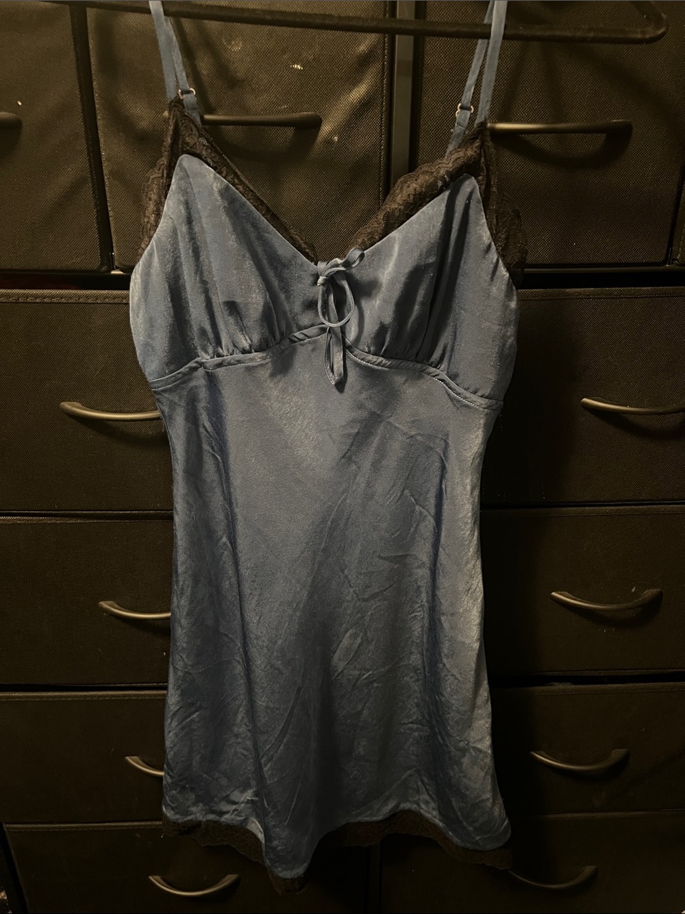 Silk-Feel Blue Lace Trim Slip Dress - Women Intimates